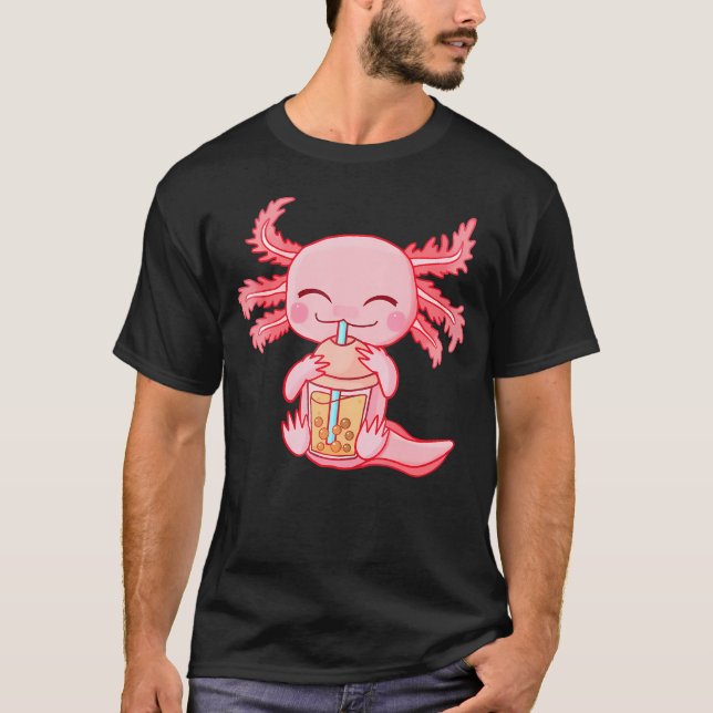 Kawaii Axolotl Drinking Boba Bubble Tea Anime Girl T Shirt (Framsida)