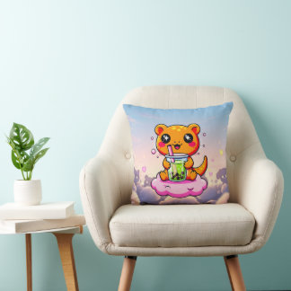 Kawaii Axolotl Drinking Pink Boba Tea Cute Pillow Kudde