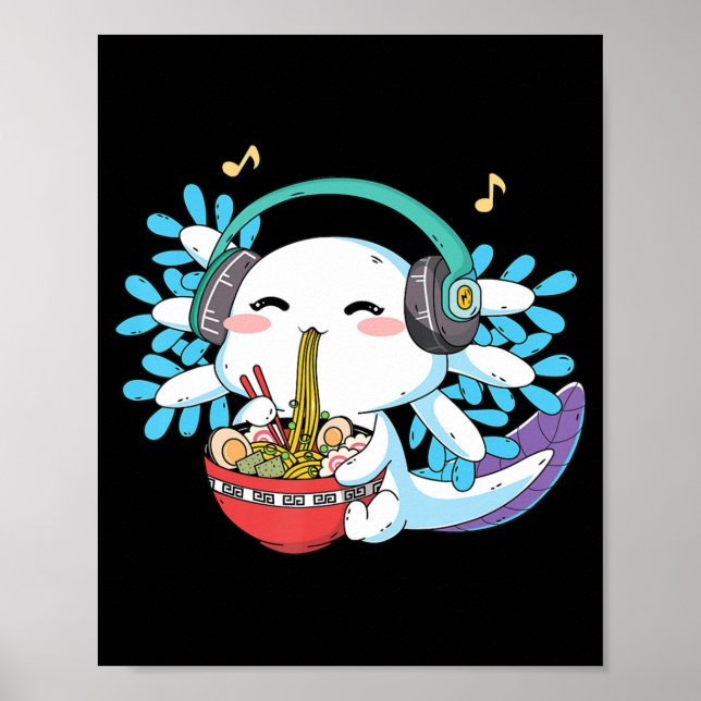 Kawaii Axolotl Eating Ramen Noodles Anime Kids Boy Poster (Framsidan)