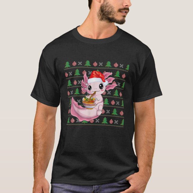 Kawaii Axolotl Eating Ramen Santa Hat Ugly Christm T Shirt (Framsida)