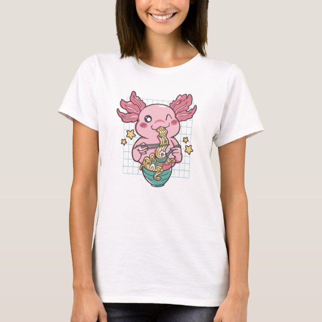 Kawaii Axolotl eats Ramen T Shirt (Framsida)