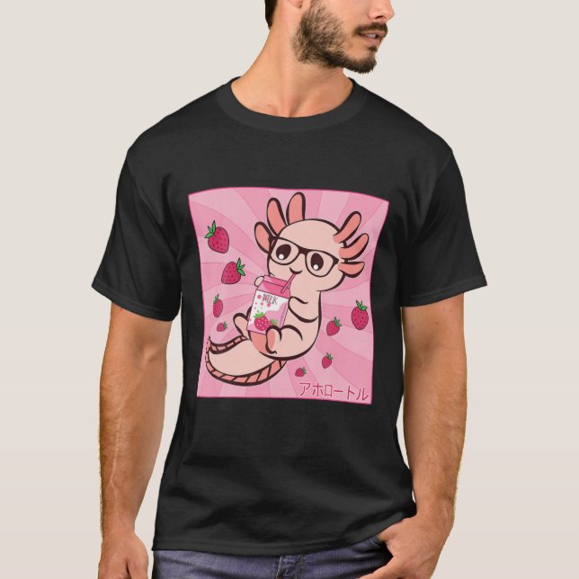 Kawaii Axolotl Japansk Anime Strawberry Mjölk Shak T Shirt (Framsida)