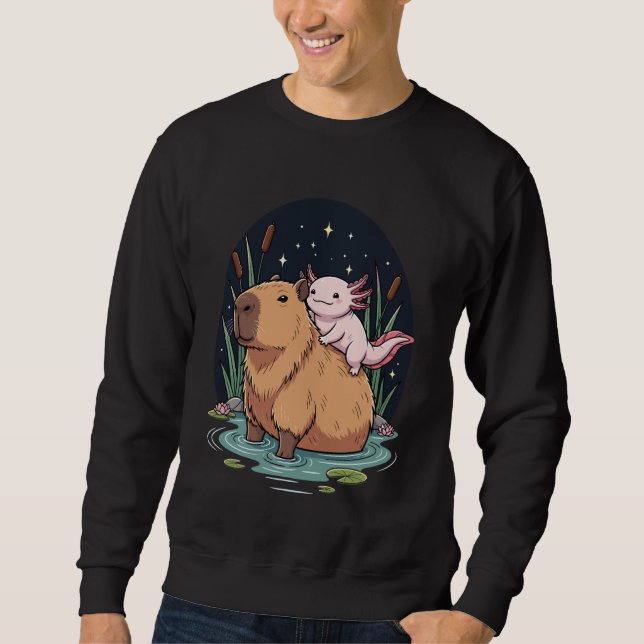 Kawaii Axolotl Riding Capybara Starry Nights Outdo Lång Ärmad Tröja (Framsida)