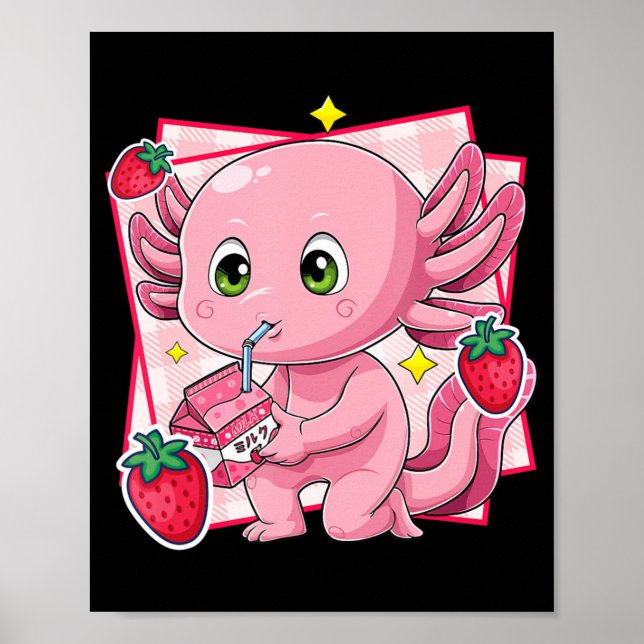 Kawaii Axolotl Strawberry Mjölk Japans anime Gift Poster (Framsidan)