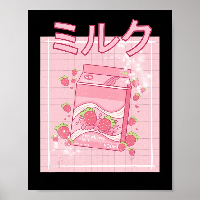 Kawaii Axolotl Strawberry Mjölk Shake Carton Japan Poster (Framsidan)