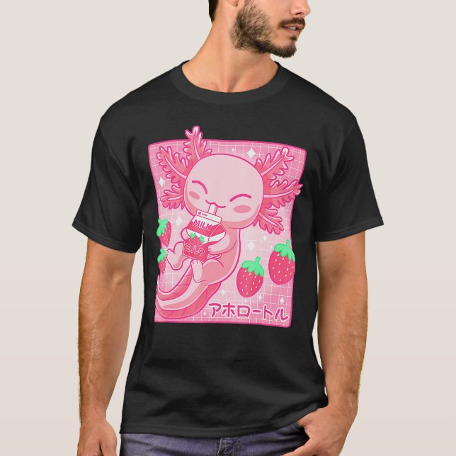 Kawaii Axolotl Strawberry Mjölk Shake Carton Japan T Shirt (Framsida)