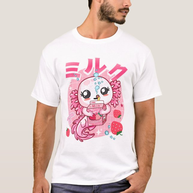 Kawaii Axolotl Strawberry Mjölk Shake Carton Japan T Shirt (Framsida)
