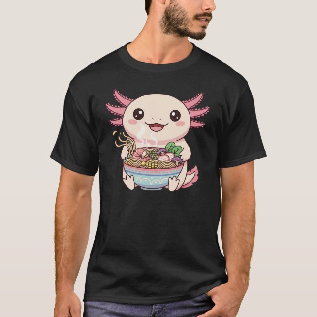 Kawaii Axolotl with Ramen Bowl T Shirt (Framsida)