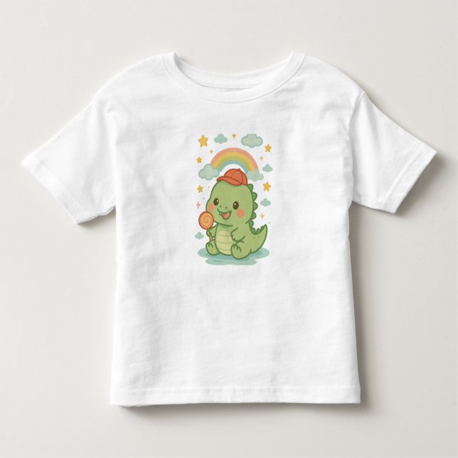Kawaii Baby Dino with Candy Popsicle 🍭🦖☁️☀️ T Shirt (Framsida)