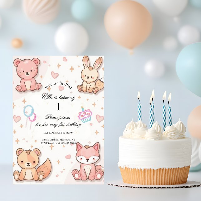Kawaii Baby-Djur 1-års Födelsedagsinbjudan Inbjudningar (Skapare uppladdad)