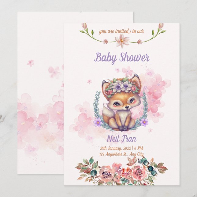 Kawaii Baby Fox Baby Shower-inbjudan Inbjudningar (Fram/baksida)