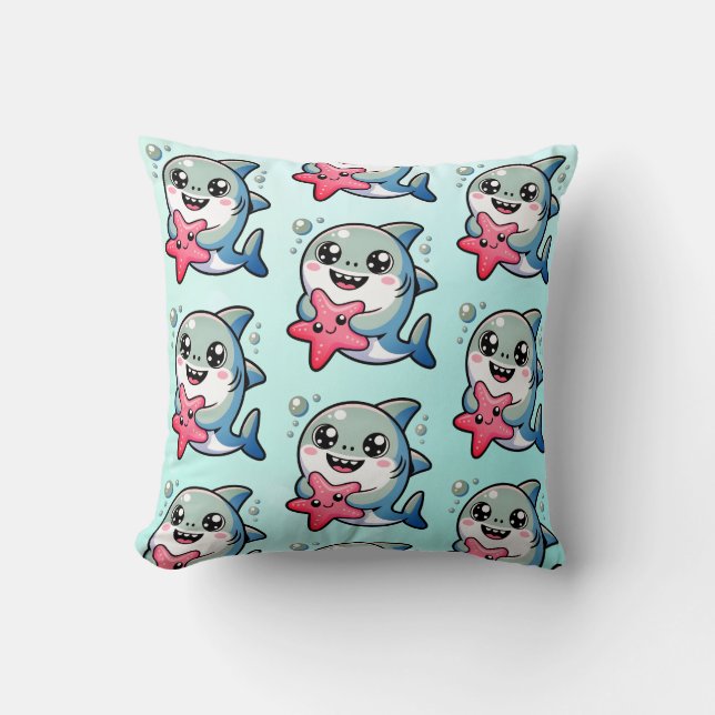 Kawaii Baby Shark & Starfish Ocean Nursery Decor Kudde (Framsida)
