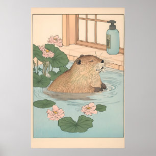 Kawaii Bäver Ukiyo-e Tryck Rolig Badrum Japandi