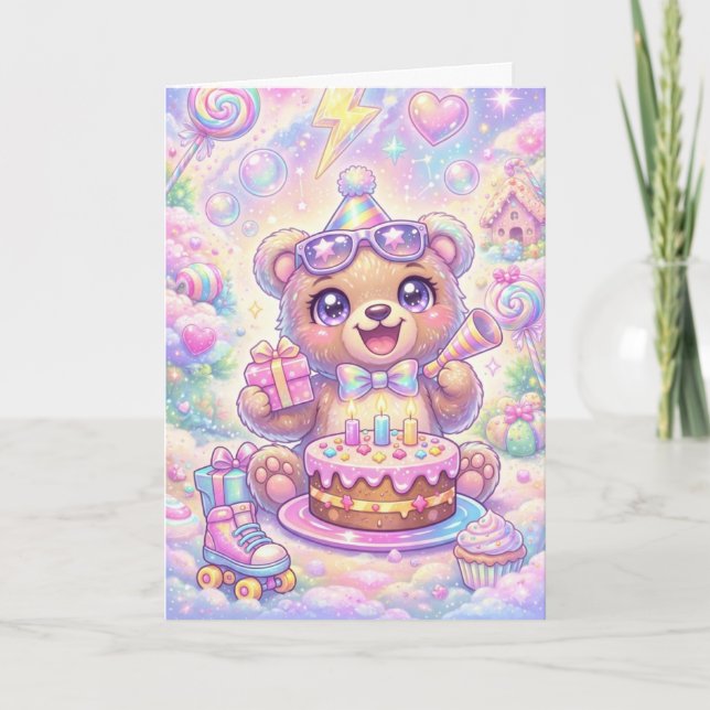 Kawaii Bear Birthday Pastel Rainbow Roller Skate Kort (Framsida)