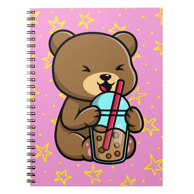 Kawaii Bear med Boba Tea Notebook Anteckningsbok (Framsidan)