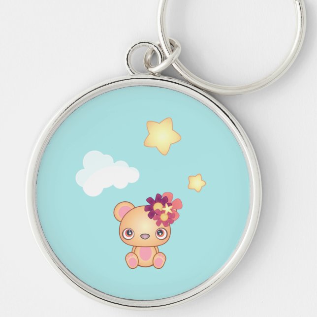 Kawaii Bear Rund Silverfärgad Nyckelring (Framsidan)