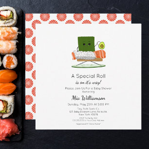 Kawaii Bebis Shower: Sushi och Laxrulle Tema Inbjudningar