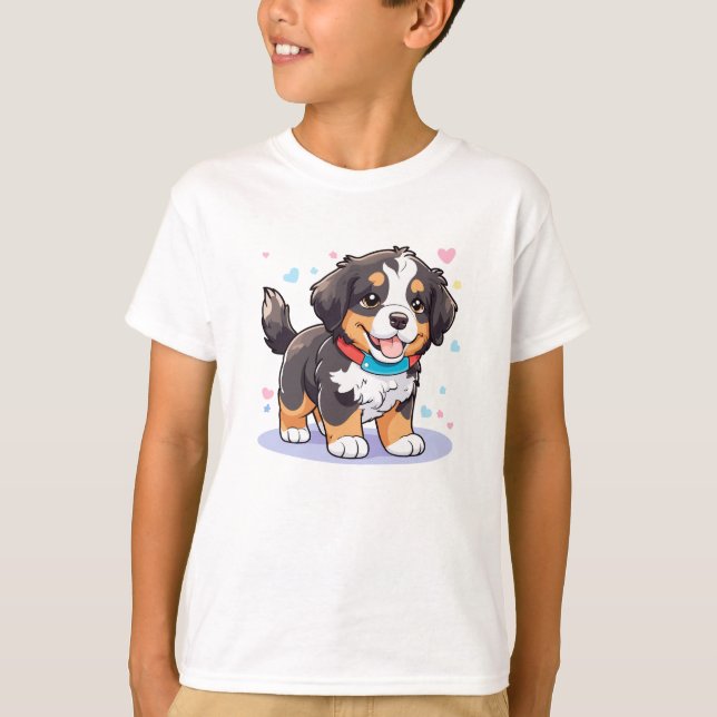 Kawaii Bernese Puppy, Cute Berner Valp T Shirt (Framsida)