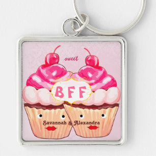 Kawaii BFF Best Friends For Cupkaka Keychain Fyrkantig Silverfärgad Nyckelring