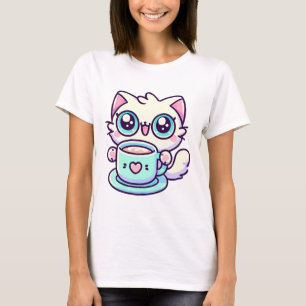 Kawaii Big Eyed Cat med Tekopp Cute T Shirt