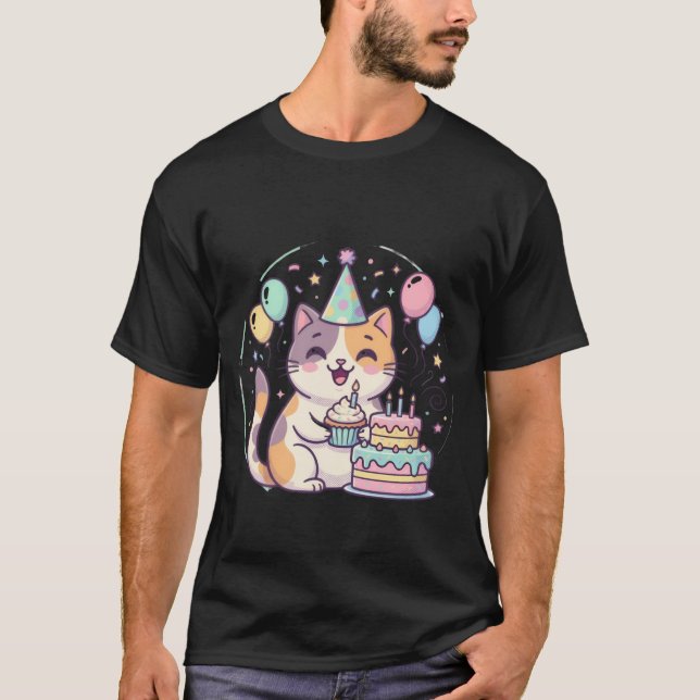 Kawaii Birthday Cat with Cake & Balloons ✨🐾🎂 T Shirt (Framsida)