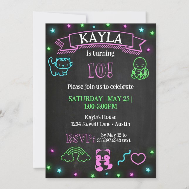 Kawaii Birthday Chalkboard Neon Party-inbjudan Inbjudningar (Framsida)
