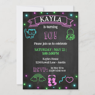 Kawaii Birthday Chalkboard Neon Party-inbjudan Inbjudningar