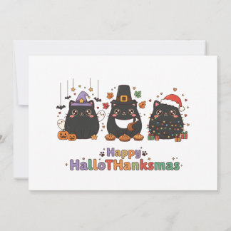 Kawaii Black Cat Happy HalloTHanksmas Unique Julkort