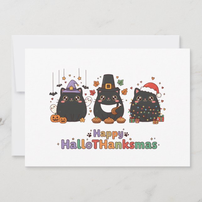Kawaii Black Cat Happy HalloTHanksmas Unique  Julkort (Framsida)