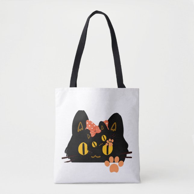 Kawaii Black Cat Peekaboo Art with Bow Tygkasse (Framsida)