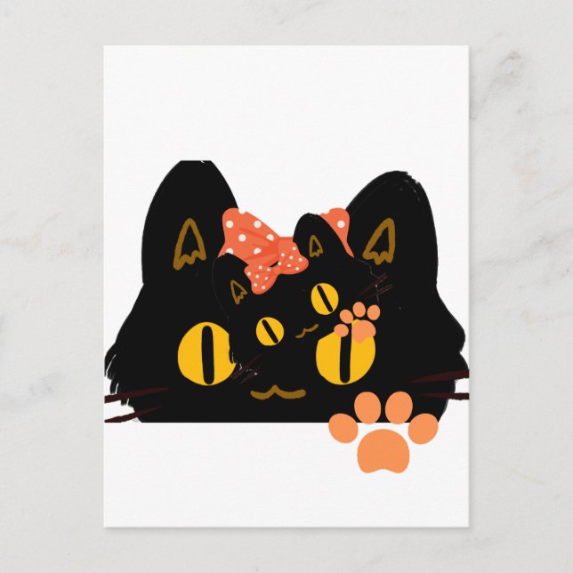 Kawaii Black Cat Peekaboo Art with Bow Vykort (Framsida)