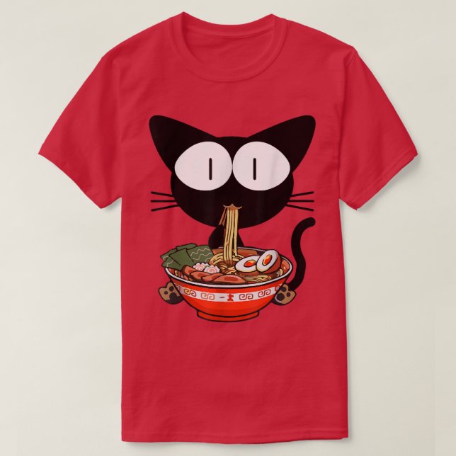 Kawaii Black Cat Ramen Bowl Anime Japanska Noodles T Shirt (Design framsida)