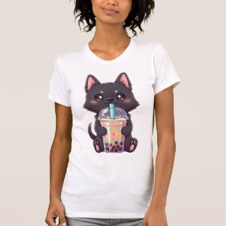 Kawaii Black Cat Sipping Boba Tea - Cute Anime T Shirt