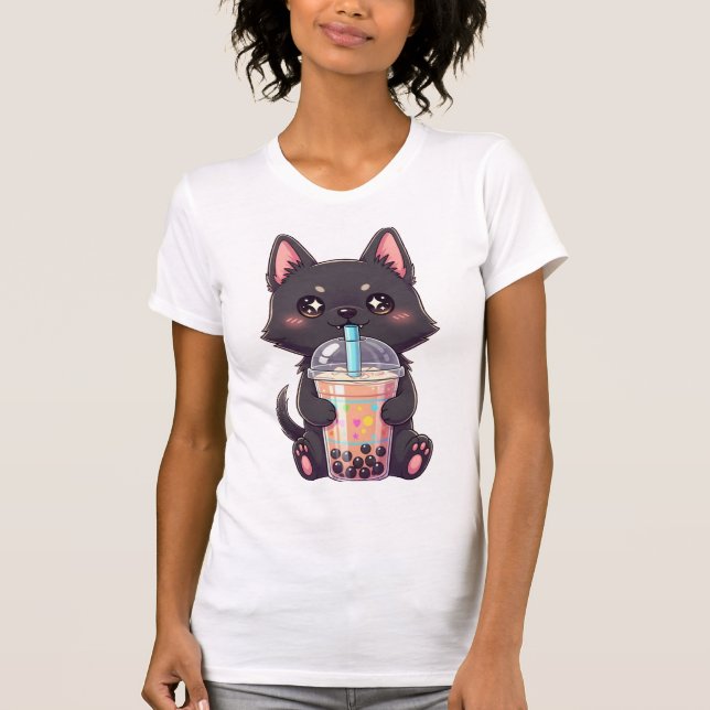 Kawaii Black Cat Sipping Boba Tea - Cute Anime T Shirt (Framsida)