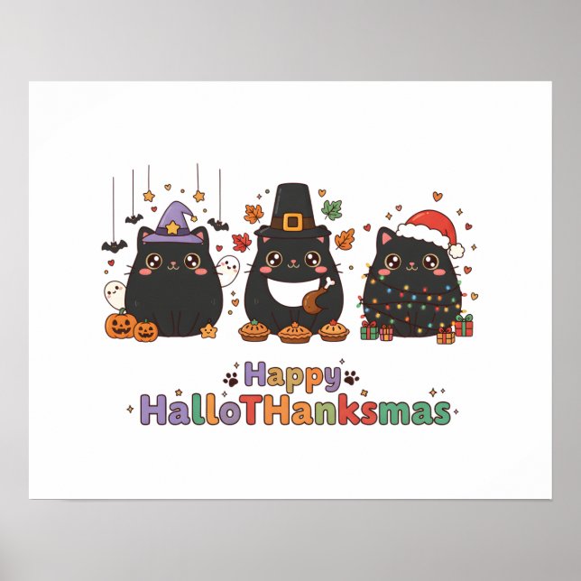 Kawaii Black Cats Happy HalloThanksmas  Poster (Framsidan)