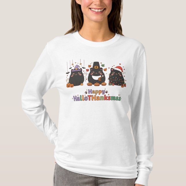 Kawaii Black Cats Happy HalloThanksmas Women's T Shirt (Framsida)
