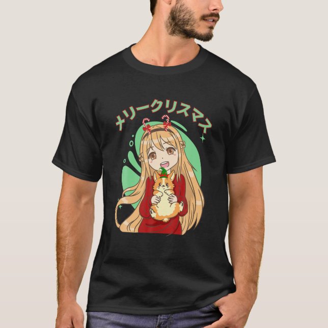 Kawaii Blonde Anime Girl and Corgi Hund jul P T Shirt (Framsida)