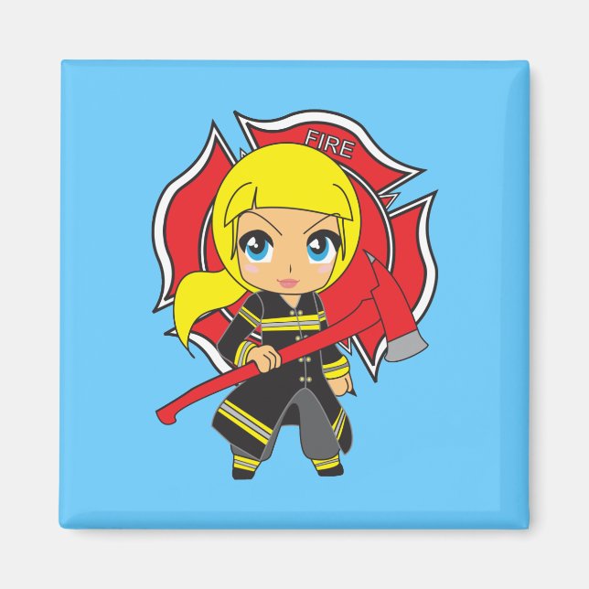 Kawaii Blonde Firefighter Girl Magnet (Framsidan)