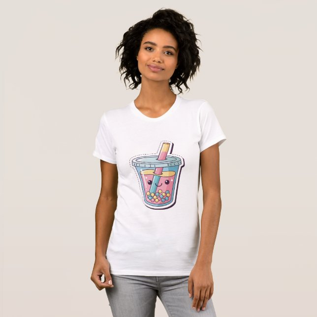 Kawaii Blue Boba Tea T-Shirt | Cute Smiling Bubble (Hel framsida)