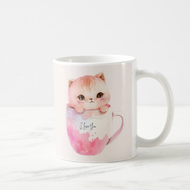 Kawaii Blushing Rosa Chibi Cat Kaffemugg (Höger)