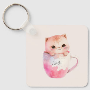 Kawaii Blushing Rosa Chibi Cat Nyckelring