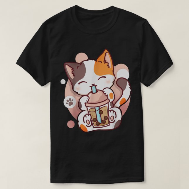 Kawaii Boba Cat Drinking Bubble Tea Tee (Design framsida)