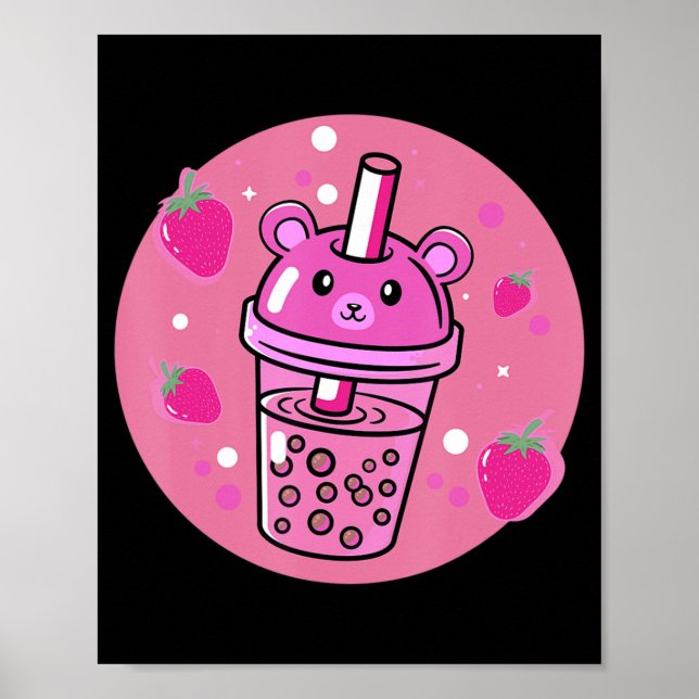 Kawaii Boba Kopp Strawberry Anime Bubble Tea Cute Poster (Framsidan)