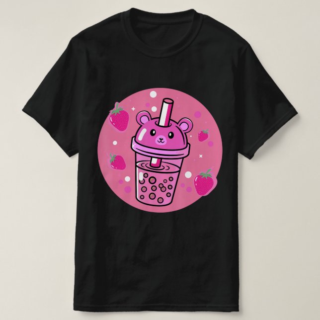 Kawaii Boba Kopp Strawberry Anime Bubble Tea Cute T Shirt (Design framsida)