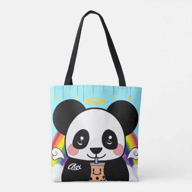 Kawaii Boba Panda Bear Tote Bag Tygkasse (Baksida)
