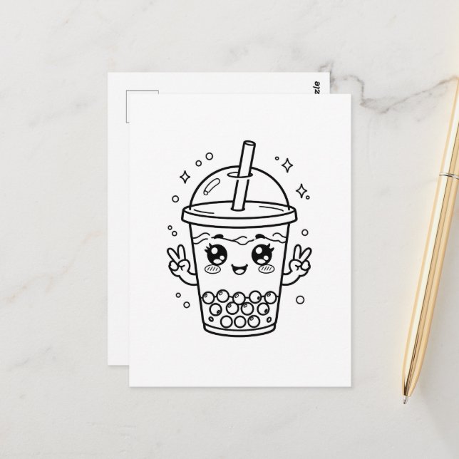 Kawaii boba te-färgning vykort (Fram/Back In Situ)