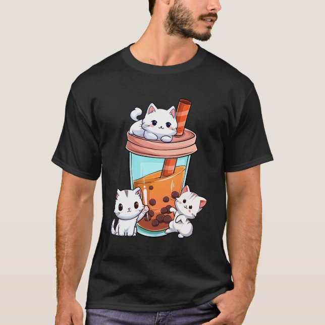 Kawaii Boba Tea Cat Neko Bubble Tea Kitten T Shirt (Framsida)