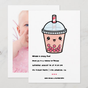 Kawaii Boba Tea Första Födelsedagsfest Foto Inbjudningar
