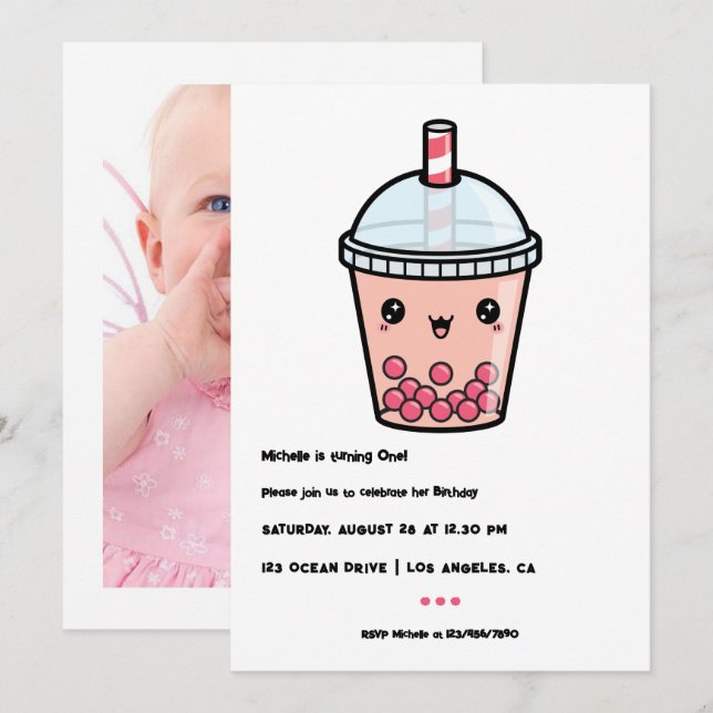 Kawaii Boba Tea Första Födelsedagsfest Foto Inbjudningar (Fram/baksida)