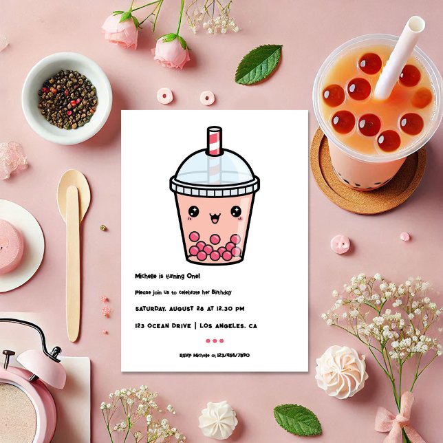 Kawaii Boba Tea Första Födelsedagsfesten Photo Inbjudningar (Kawaii Boba Tea First Birthday Party Photo Invitation)
